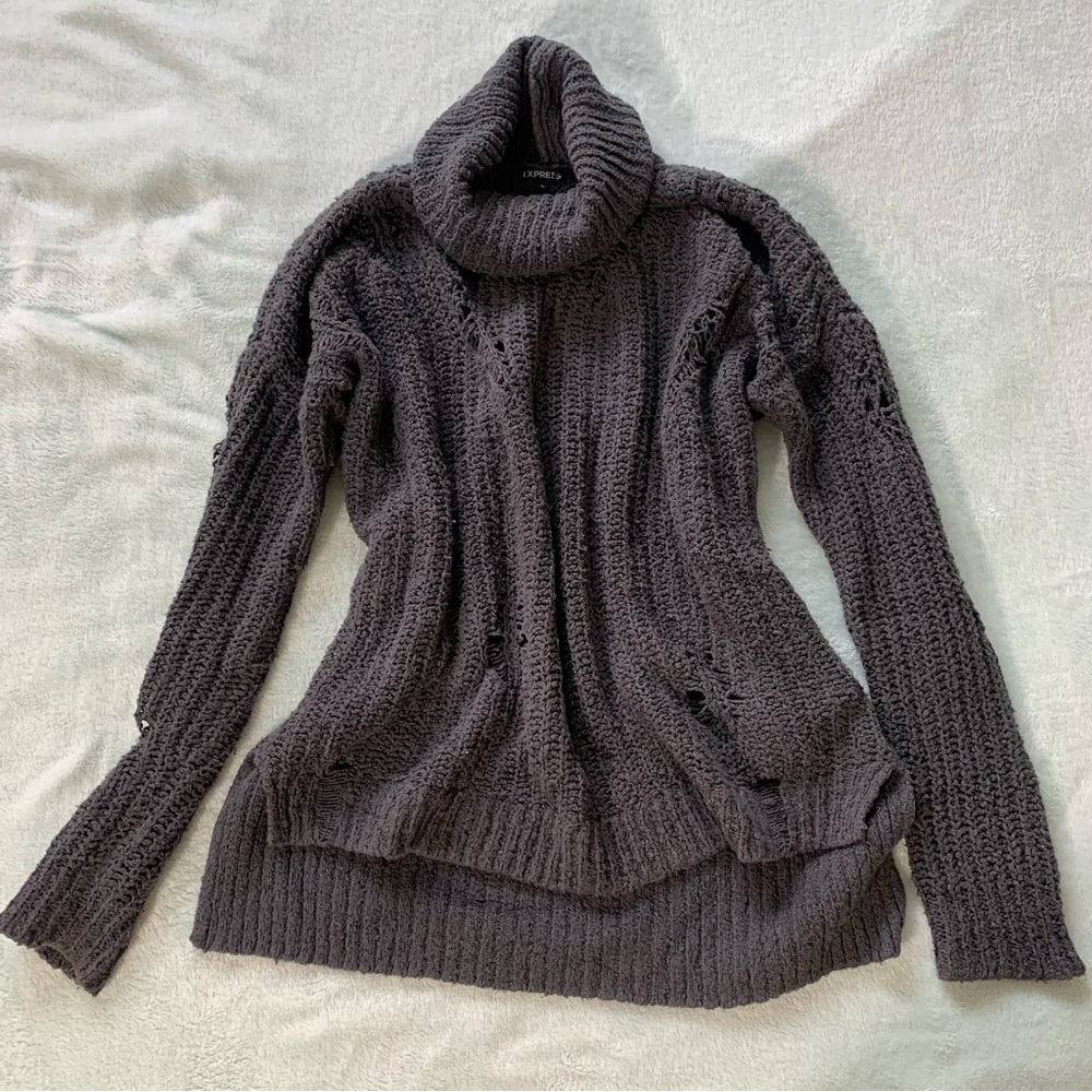 Express Women’s Small Distressed Knit Cowl Turtleneck Sweater in Gray